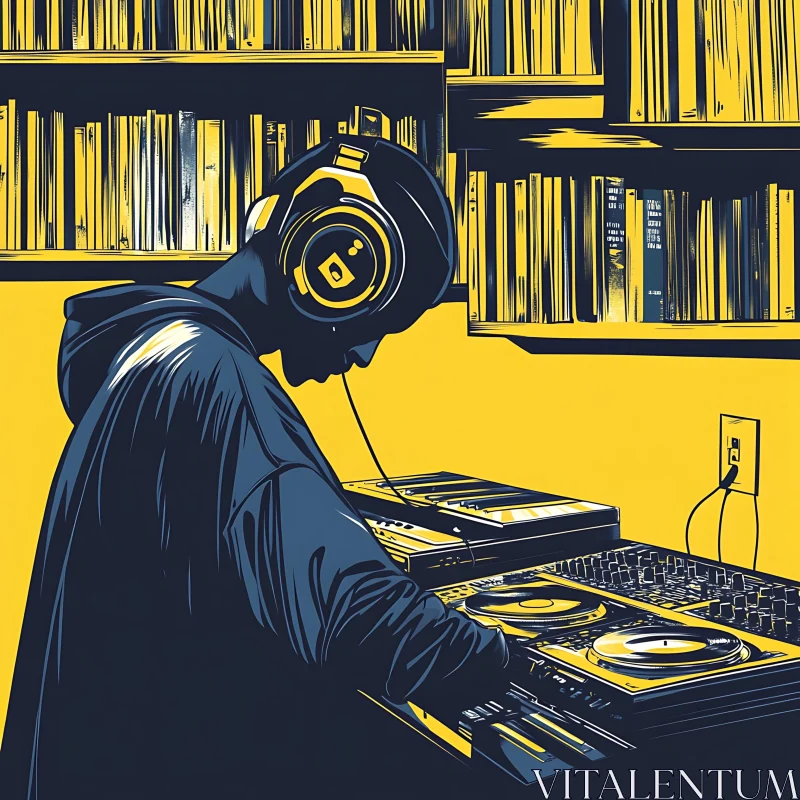 DJ Immersed in Music with Turntable and Records AI Image