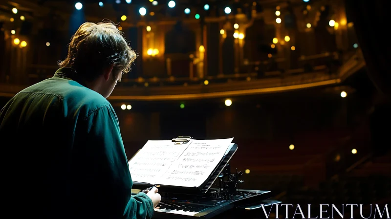 Concert Pianist Reading Music Notes on Stage AI Image