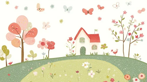 Charming Cartoon Landscape with House and Butterflies