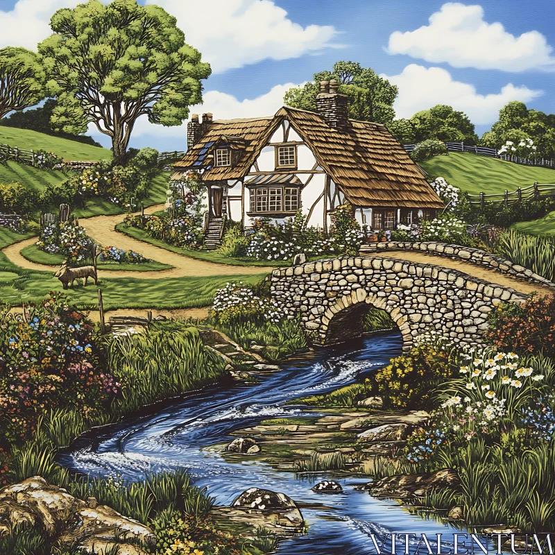 Idyllic Countryside Scene with Thatched Cottage and Gardens AI Image