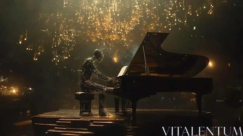 Robot Playing Piano Under Magical Lights AI Image