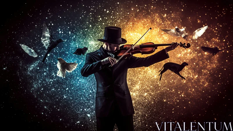 Magical Violinist in a Starry Sky with Floating Animals AI Image