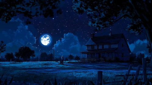 Moonlit Rural Landscape with House and Starry Sky