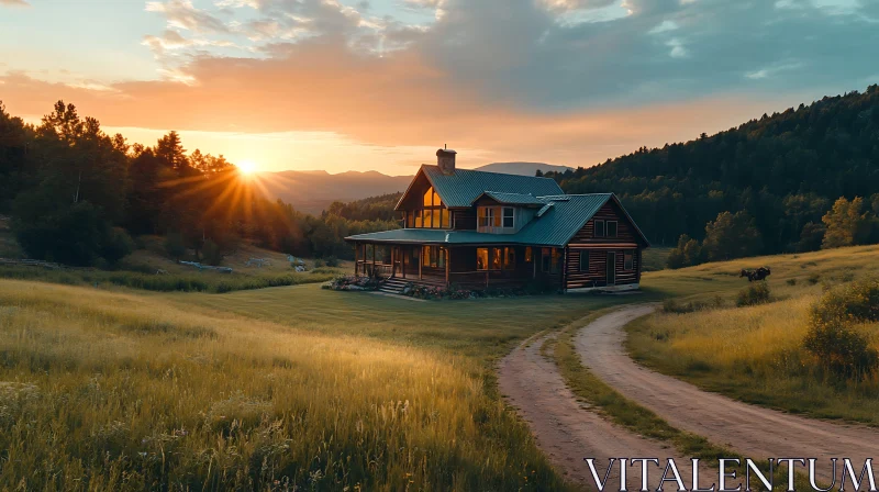 AI ART Countryside Cabin at Sunset