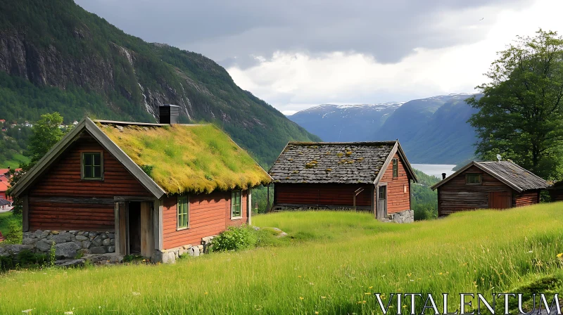 Cabins in a Green Valley with Mountain View AI Image