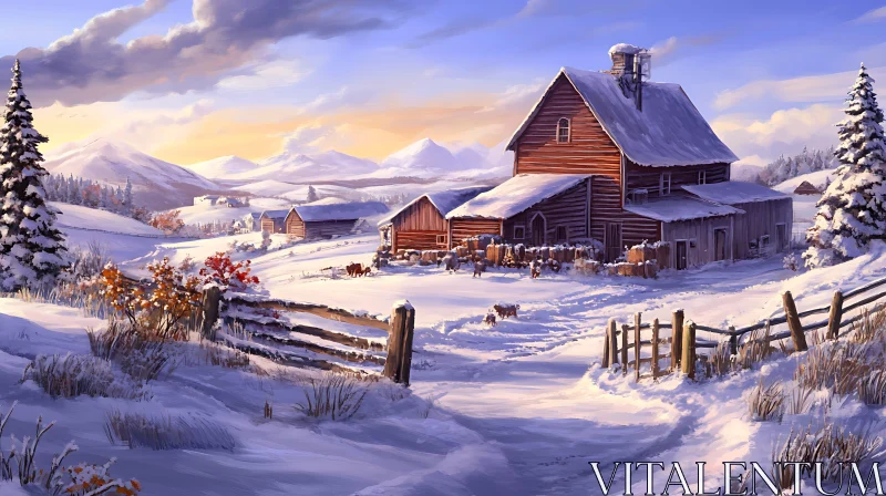 Snow-Covered Farm with Mountain Backdrop in Winter AI Image