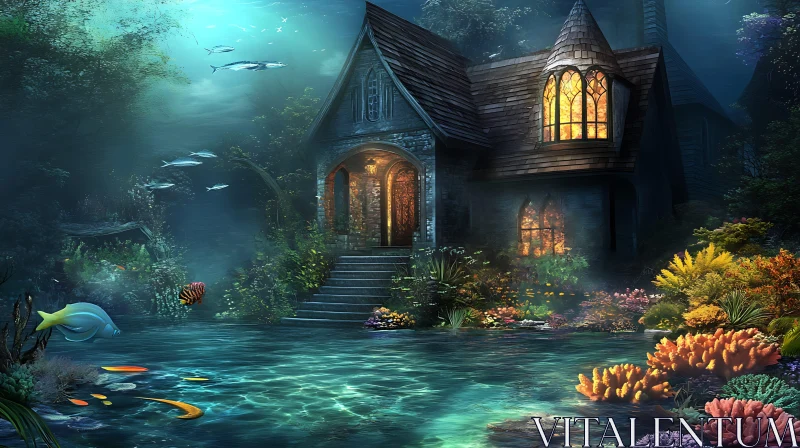 Submerged Gothic House in Enchanted Aquatic World AI Image