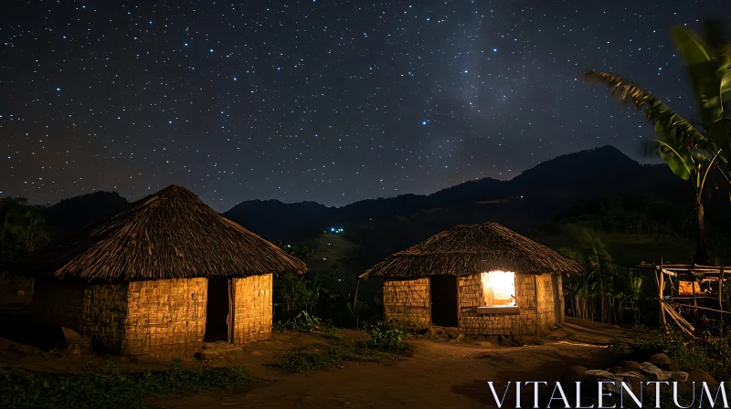 Tranquil Village Night: Huts Illuminated Under Stars AI Image