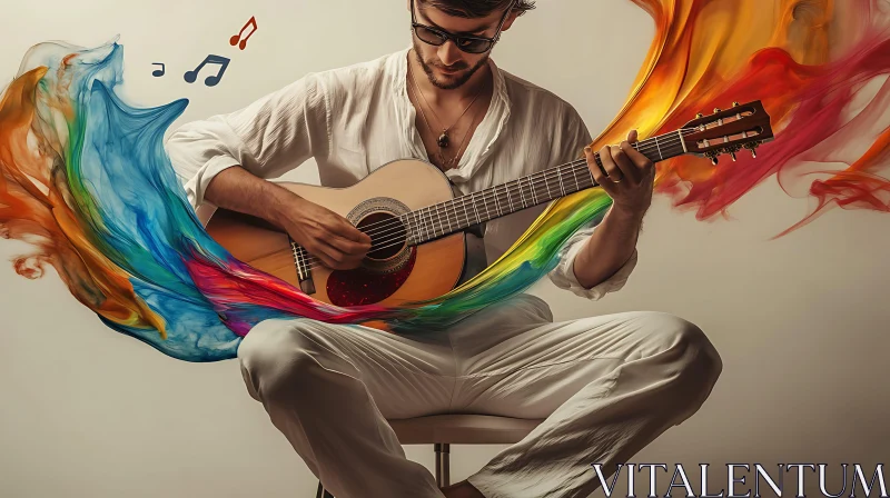 Guitarist Surrounded by Colorful Paint Waves AI Image