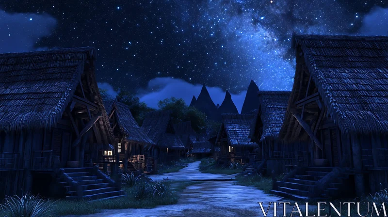 AI ART Nighttime Village Beneath Starry Sky