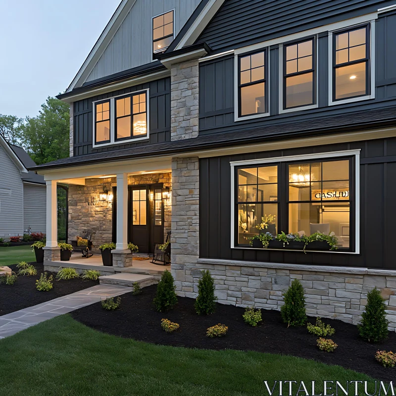 Modern Home Exterior with Front Yard and Porch AI Image