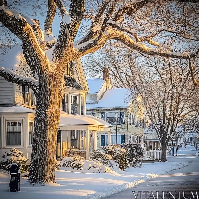 Snow-Covered Neighborhood During Golden Hour AI Image