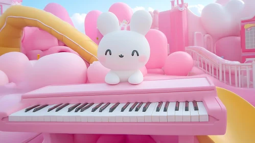 Crowned Bunny on Pink Piano in Playful Setting