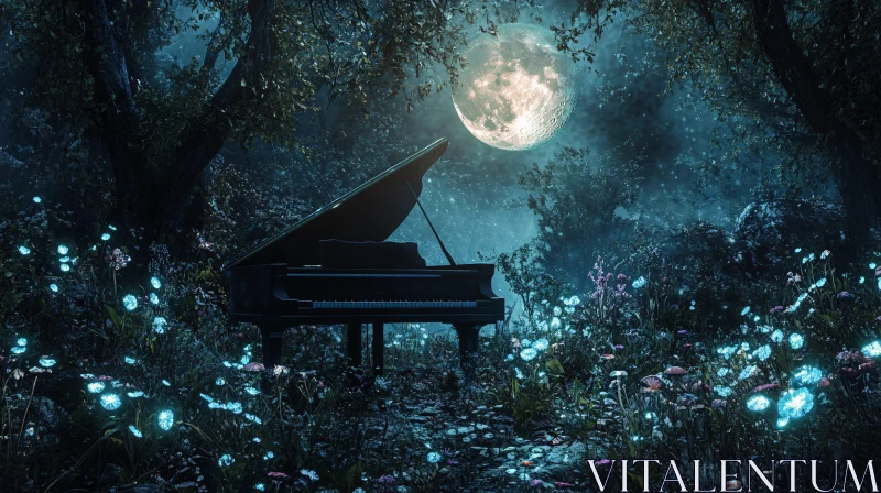 AI ART Mystical Night in the Forest with Glowing Flowers and Piano