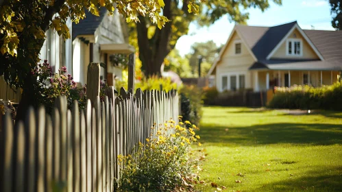 Sunlit Suburban Neighborhood with Flowering Garden and Wooden Fence