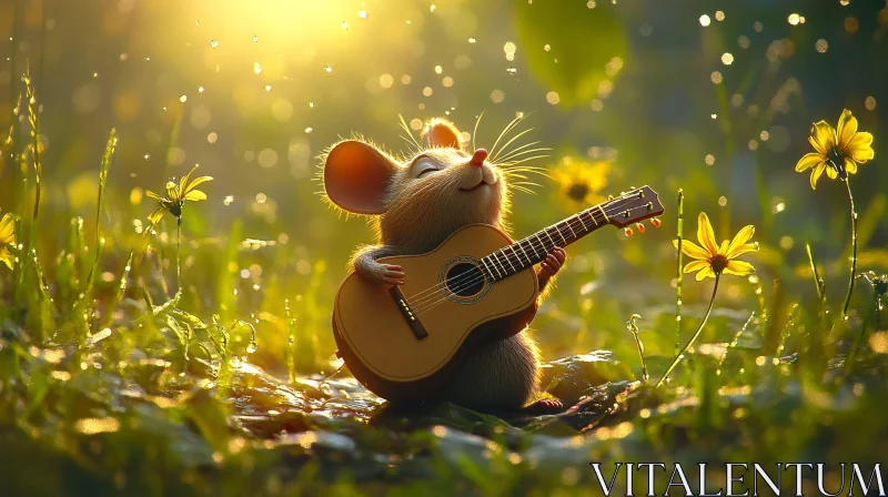 Mouse Playing Guitar in a Sunlit Flower Meadow AI Image