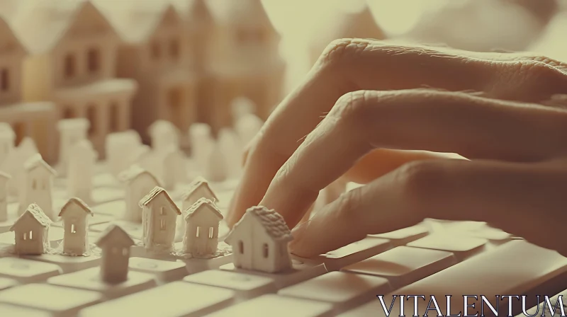 Hand Setting Up Miniature Houses on Keyboard AI Image