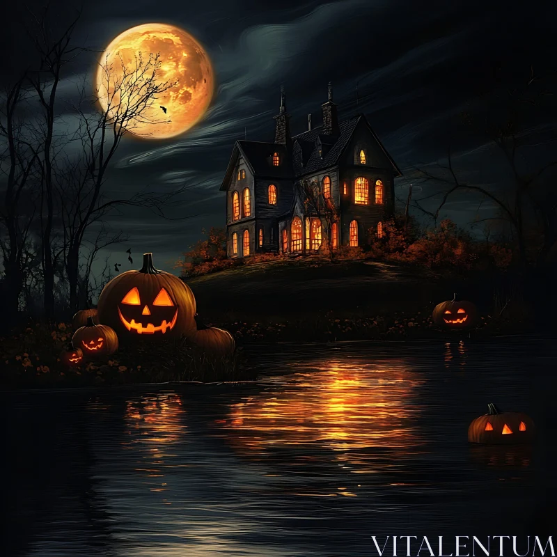 AI ART Haunted House Under Full Moon with Jack-O'-Lanterns