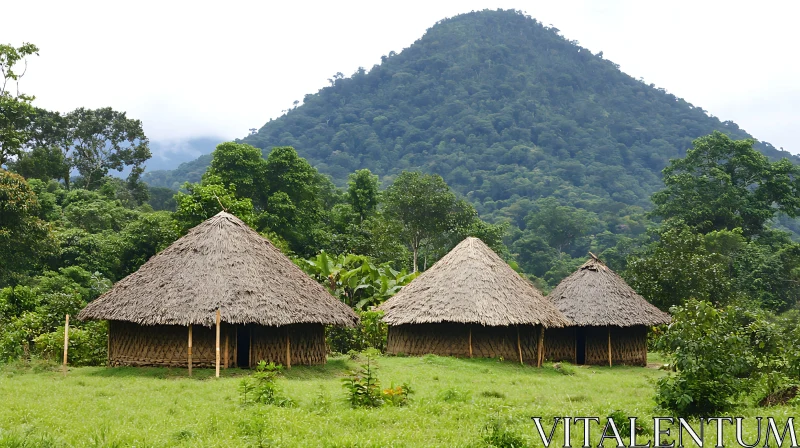 AI ART Remote Thatched Huts Amidst Green Mountains and Forest