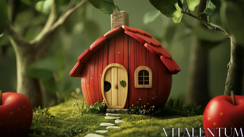 Whimsical Red Cottage Amidst Forest Greenery AI Image