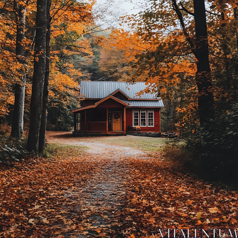 Cozy Red Cabin Amidst Vibrant Autumn Leaves AI Image