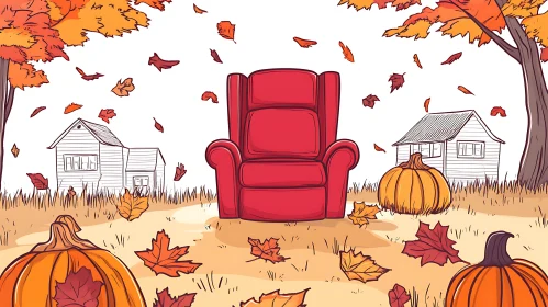 Fall Vibes: Red Armchair and Pumpkins in Countryside