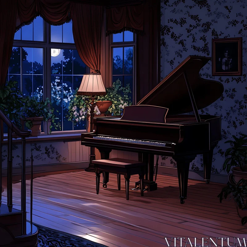 AI ART Moonlit Interior with Elegant Piano