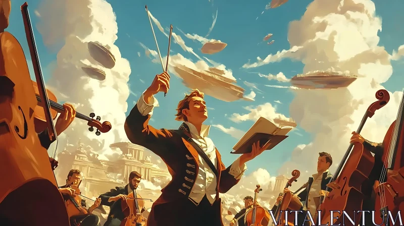 Surreal Conductor Leads Orchestra in a Fantasy Sky AI Image