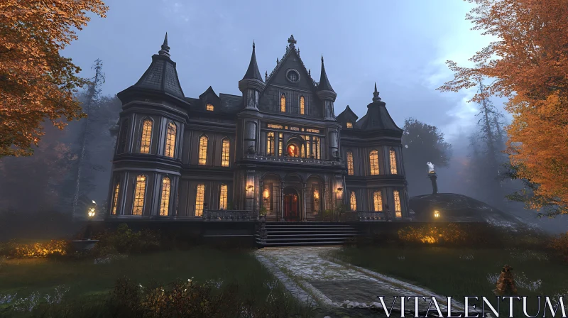 Illuminated Gothic House in Fog AI Image