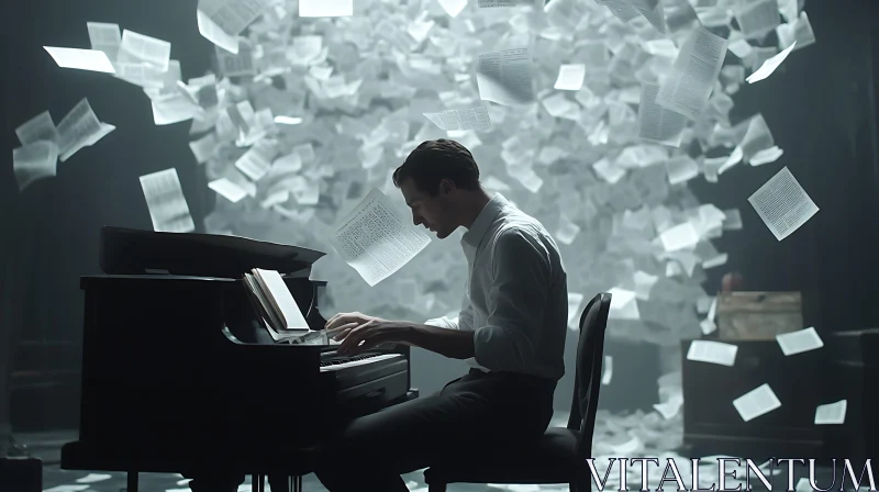 Pianist Immersed in Music amid a Storm of Papers AI Image