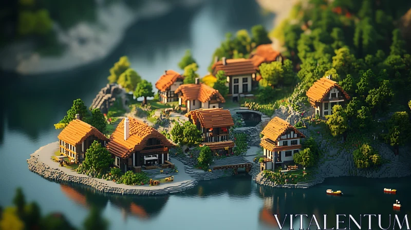 AI ART Block Village by the Water