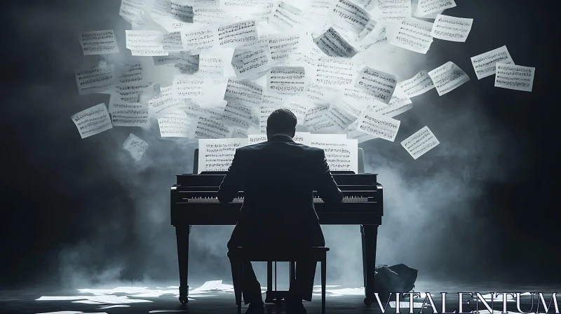 Pianist Surrounded by Floating Music Sheets AI Image