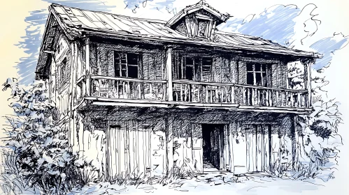 Detailed Ink Drawing of a Neglected Building