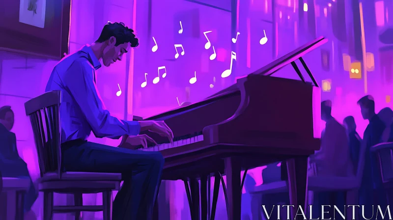 Grand Piano Performance Amidst Purple Ambiance AI Image