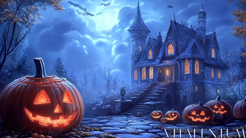 Gothic Haunted House with Jack-o'-Lanterns Under a Moonlit Sky AI Image