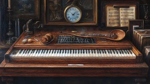 Antique Piano with Old Musical Instruments and Decor