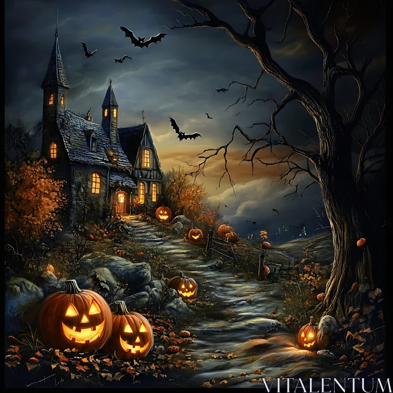 AI ART Spooky Halloween Scene with Haunted House and Jack-o'-Lanterns