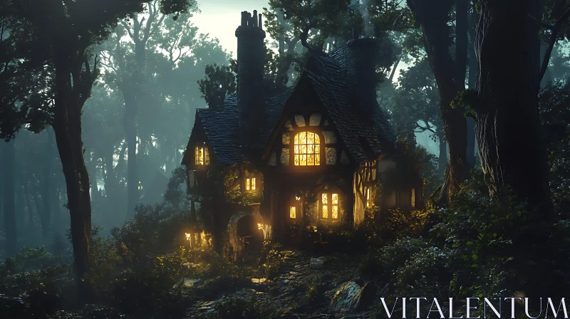 Magical Cabin Glowing in the Forest AI Image