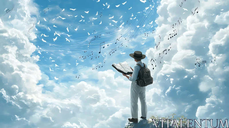 Man on Cloud with Musical Notes and Birds AI Image