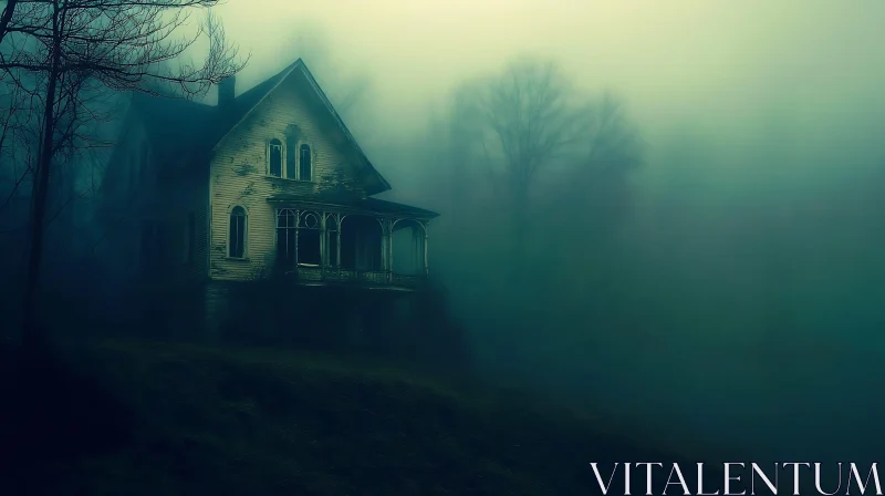 AI ART Spooky Abandoned House in Foggy Night