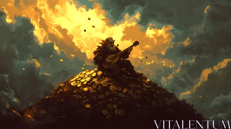 AI ART Minstrel Dwarf on Gold Heap at Dusk