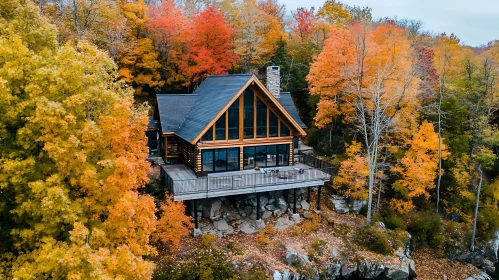 Wooden Cabin in Autumn Forest