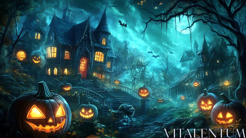 AI ART Eerie Halloween Night with Haunted Mansion and Pumpkins