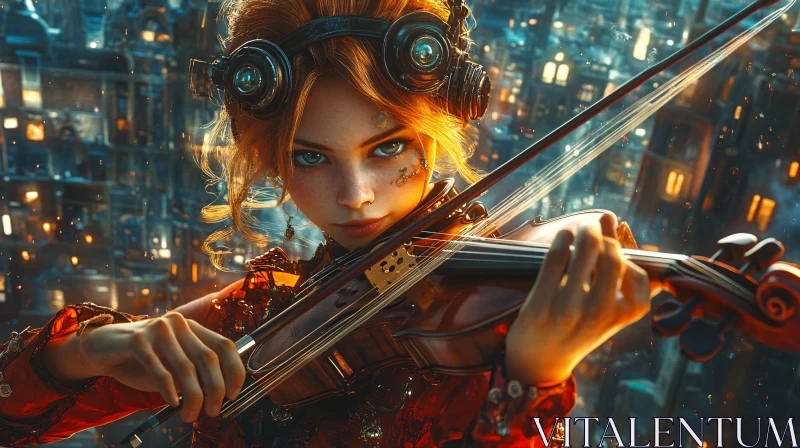 Cyberpunk Violinist in a Neon-Lit City AI Image