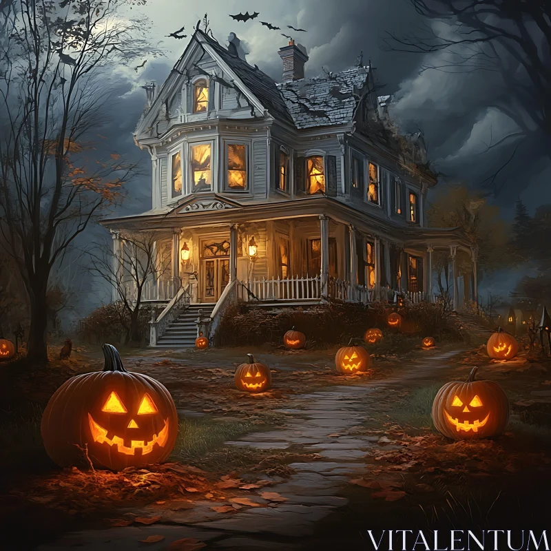 Haunted Gothic House on Spooky Halloween AI Image