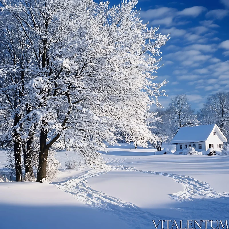 Tranquil Snow-Covered Cottage in Winter Wonderland AI Image