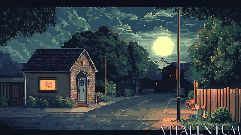 Serene Moonlit Street with Cozy House and Blooming Garden AI Image