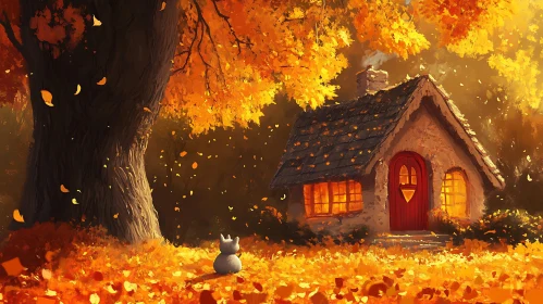 Autumn Tranquility with Cottage and Falling Leaves