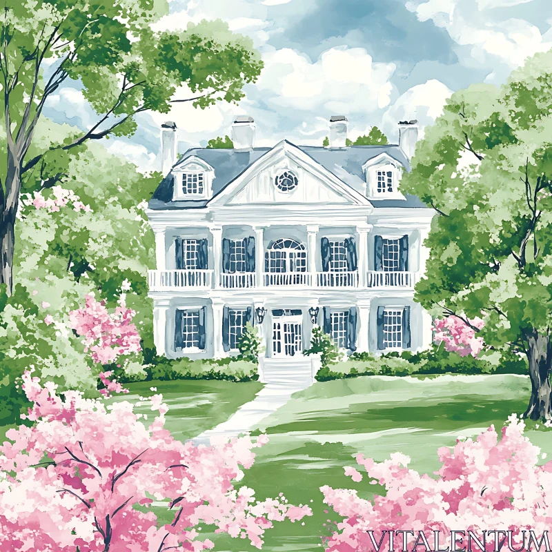 AI ART Colonial Mansion with Spring Blossoms