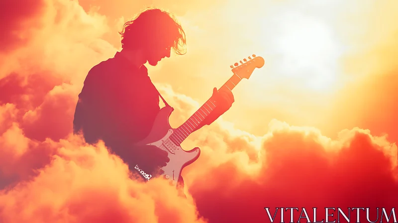 Musician Enveloped by Sunset Clouds AI Image